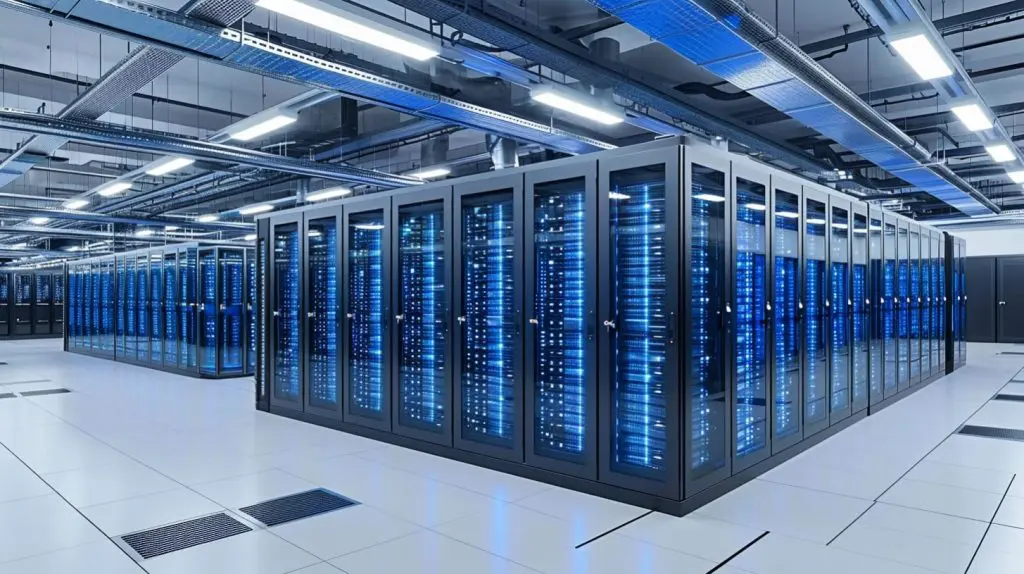 Tier 3 Data Center Large Facility with Rows of High End Server Racks